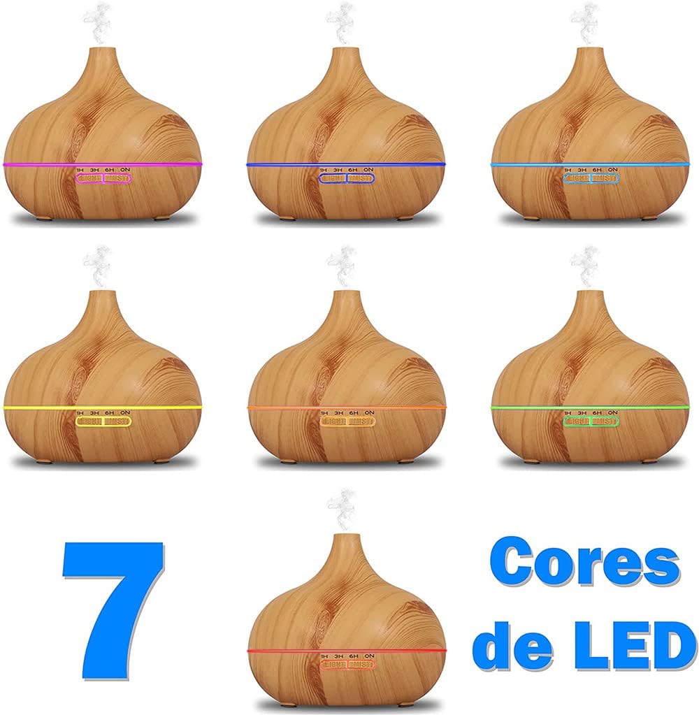 Difusor De Aromas Grande 500ml Umidificador De Ar Ultra Sônico Potente Temporizador ate 6h 7 cores de Led Difusor De Óleo Essencial Abajur Led Controle Remoto- - Melhor Opção