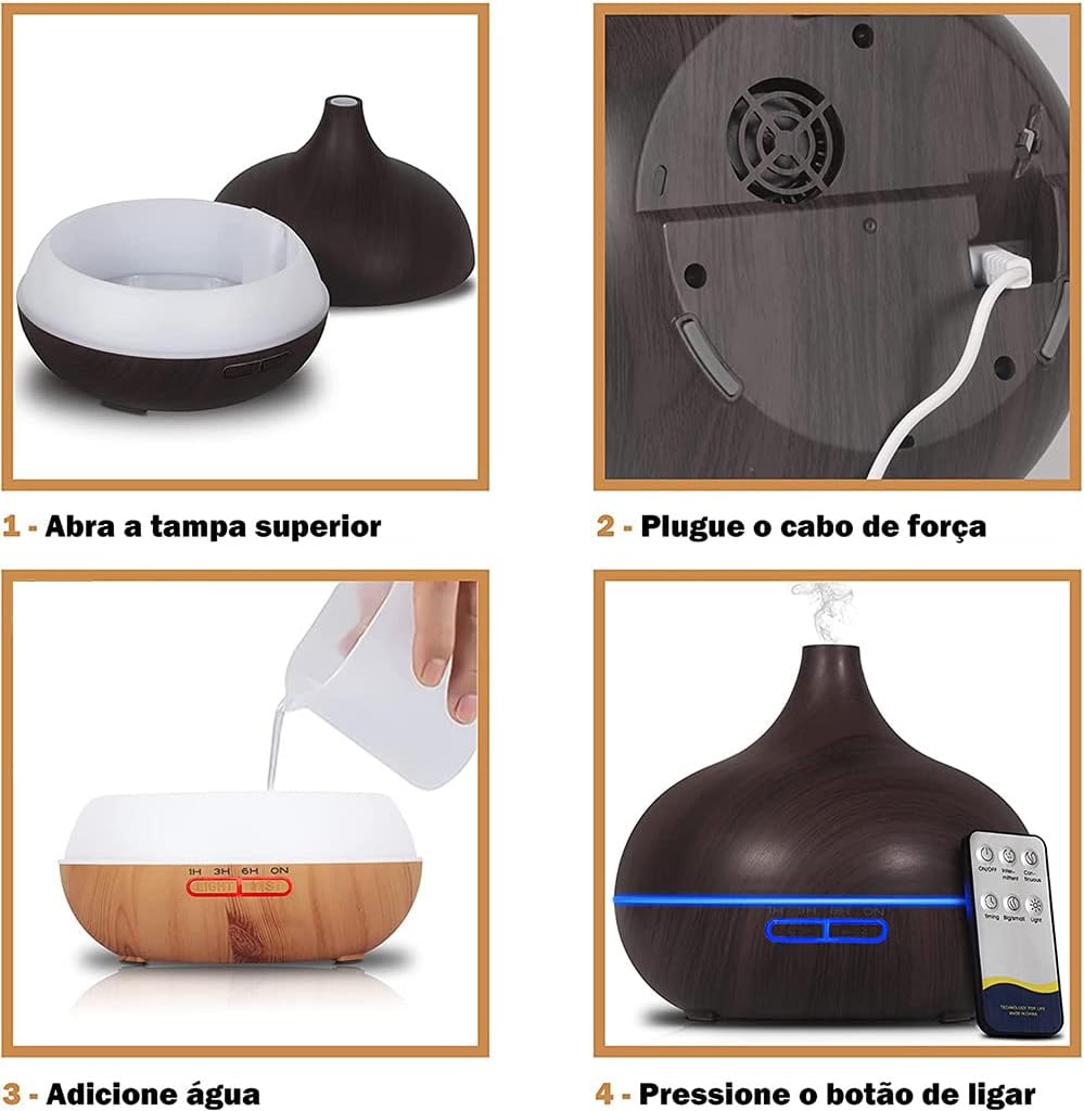 Difusor De Aromas Grande 500ml Umidificador De Ar Ultra Sônico Potente Temporizador ate 6h 7 cores de Led Difusor De Óleo Essencial Abajur Led Controle Remoto- - Melhor Opção