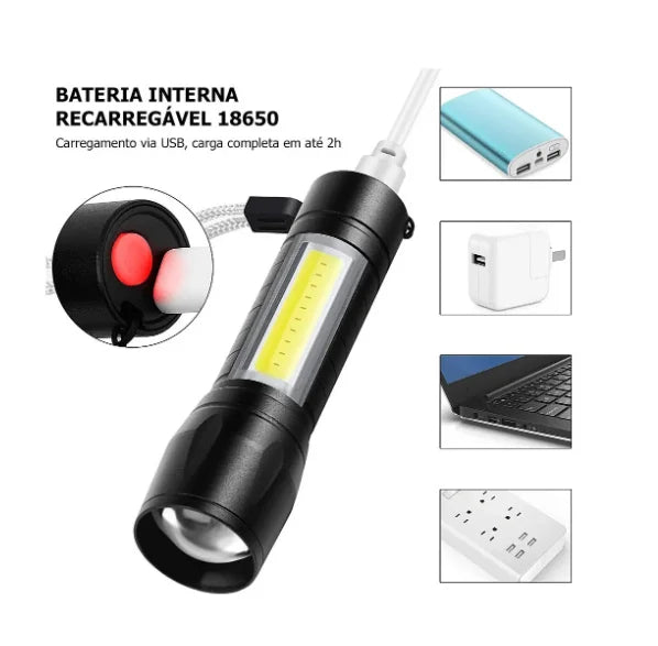 Mini Lanterna Tática Militar Recarregável USB - Super LED Zoom